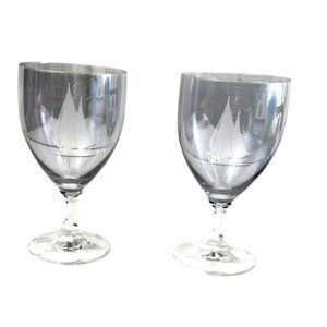 Gray Crystal Etched Sailboat Stemmed Glasses 6" Tall Elegant Nautical Design Go